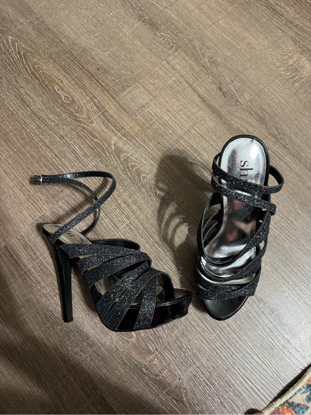 Shi by JOURNEYS Black Glitter Strappy Platform Heels